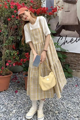 Square Collar Lovely Plaid Long Dress